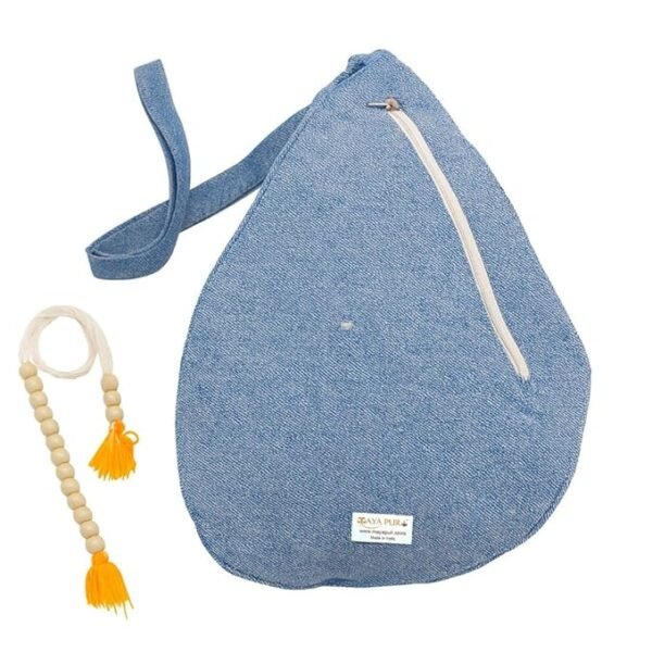 Pure Cotton Original Gomukhi Japa Mala Bag, Chanting Bag or Prayer Beads Bag with Zip Pocket and Sakshi Mala Counter (Blue Denim)